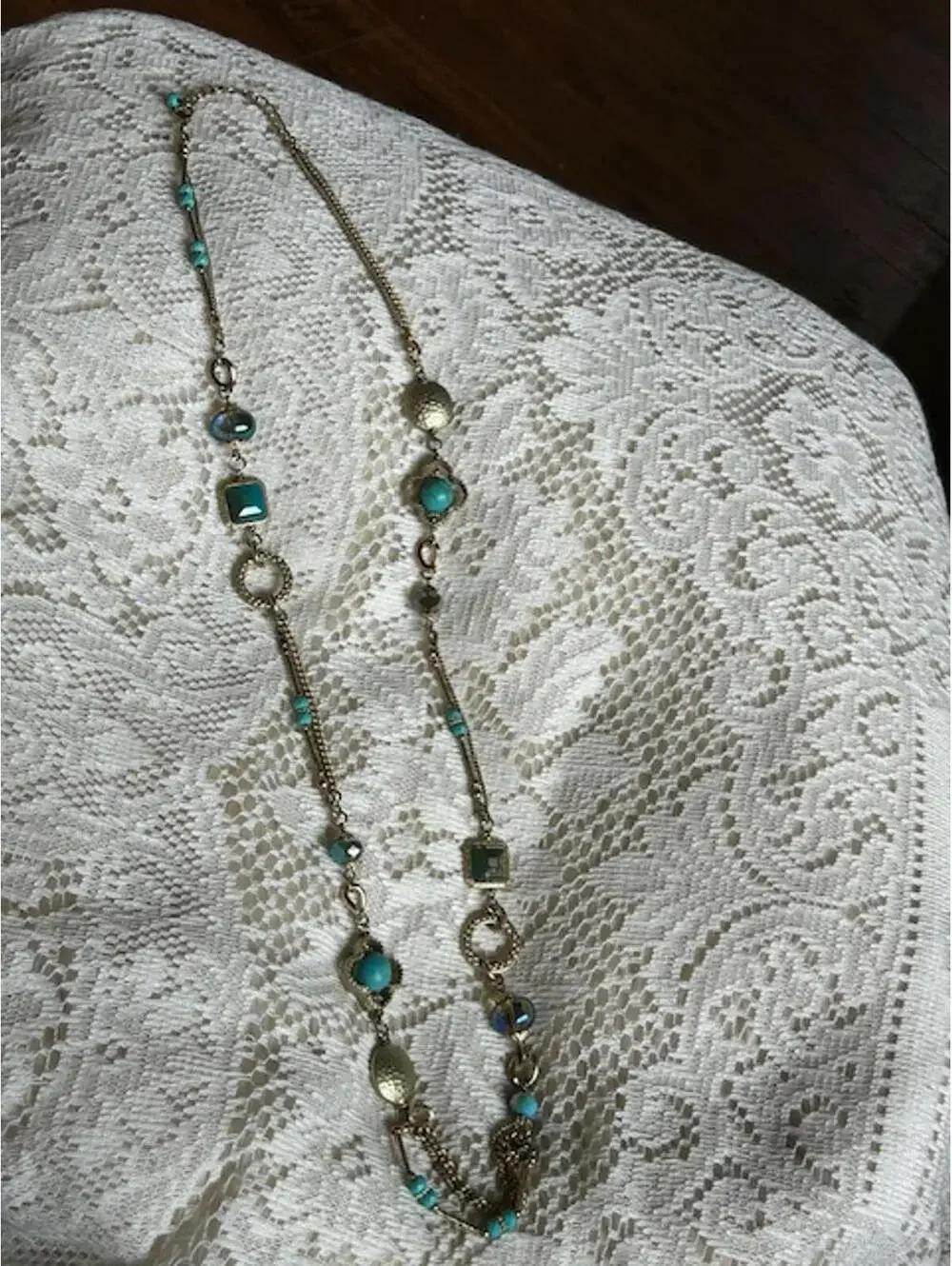 Vintage Style Turquoise and Silver Tone Long Necklace
